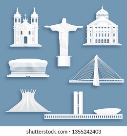 Collection of Brazil famous landmarks in paper cut style vector illustration.