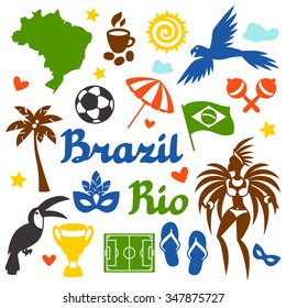 Collection of Brazil stylized objects and cultural symbols.