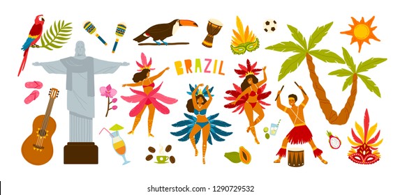 Collection of Brazilian carnival traditional attributes - female dancers dancing samba, musician playing on drums, festive masks, summer cocktails. Colorful vector illustration in flat cartoon style.