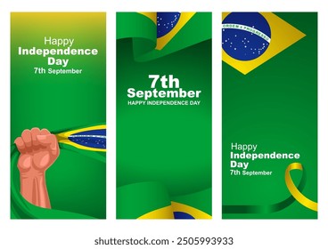 Collection of Brazilian flag insignia backgrounds for national events, optimized for phone screen size. Ideal for Independence Day greetings, event promotions, and digital marketing