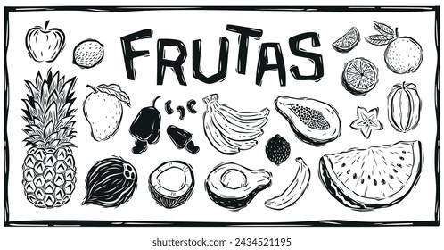 Collection Brazilian fruits hand-drawn in cordel style. Vector illustration.