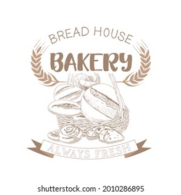 A collection of bread and bakery confectionery products. Rye, wheat and whole grain bread. French baguette and wicker bun. Croissants, bagels, slices of bread. The concept of a bakery in a retro style