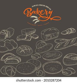 A collection of bread and bakery confectionery products. Rye, wheat and whole grain bread. French baguette and wicker bun. Croissants, bagels, slices of bread. The concept of a bakery in a retro style