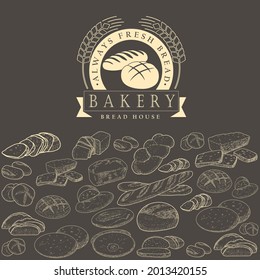 A collection of bread and bakery confectionery products. Rye, wheat and whole grain bread. French baguette and wicker bun. Croissants, bagels, slices of bread. The concept of a bakery in a retro style