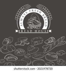 Eine Sammlung von Brot- und Backwaren. Roggen, Weizen und Vollkornbrot. Französischer Baguette und Weidenbun. Croissants, Bagels, Scheiben aus Brot. Das Konzept einer Bäckerei im Retro-Stil