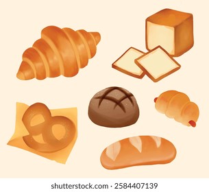 Collection of bread and bakery products, loaf, croissant, pretzel, sausage, and coffee bun in vector cartoon art illustration 