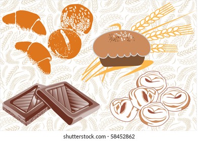 Collection bread, bun, pastries, croissant and chocolate