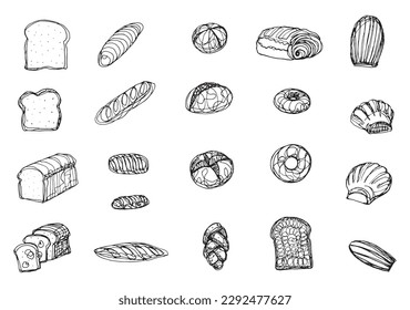 Collection of bread drawing isolated on white background, bake shop menu item ink doodle outline illustration, minimal bread and dough sketchy style vector illustration, pastry shop menu outline icon