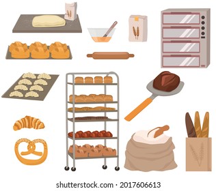 A collection of bread and pastries.  Flour, rolling pin, oven, shovel, bagel, baguette, croissant, pretzel.  A set of vector illustrations. 
