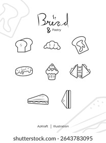 Kollektion von Brot- und Gebäck-Illustrationen mit schwarz-weißen Linearen