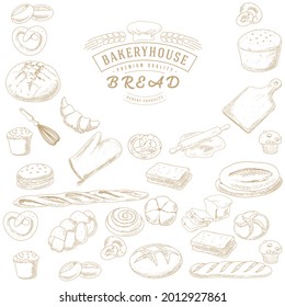 A collection of bread and bread products in an engraved vintage style. Emblem, bakery icon