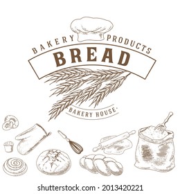 A collection of bread and bread products in an engraved vintage style. Emblem, bakery icon