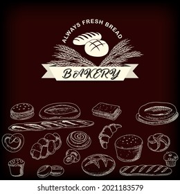 A collection of bread and bread products in an engraved vintage style. Emblem, bakery icon