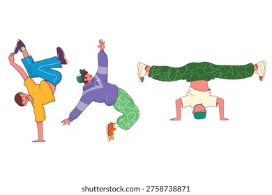 Collection of breakdance b-boy characters in various dynamic poses. Flat vector illustration set featuring street dancers for hip hop culture, urban sports, and youth lifestyle.