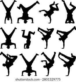 Collection of breakdance handstand silhouettes with athletic