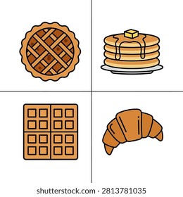 Collection of breakfast bakery icons featuring sweet fruit pie fluffy pancakes crispy square waffles and buttery flakey croissant.
