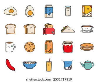 Ilustrações de ícone de comida de café da manhã em um estilo de desenho animado bonito, muito adequado para design de menu, sites, cartazes, brochuras, modelos, mídias sociais e outros.