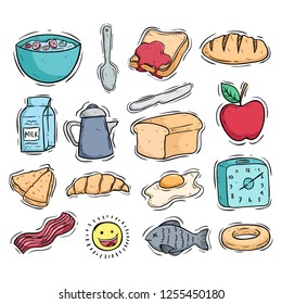 collection of breakfast food icons with colored doodle style