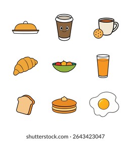 A collection of breakfast food icons including a fried egg pancakes toast croissant coffee juice and a bowl of fruit isolated on a white background. The icons are colorful and cartoonish in style, per