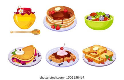 Collection of Breakfast Meal, Delicious Healthy Food and Drinks Different Sets Vector Illustration