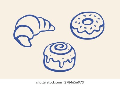 Collection of breakfast pastries including glazed doughnut and flaky croissant in minimalist hand drawn style.