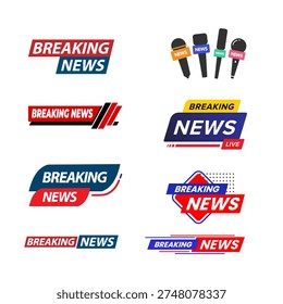Collection of breaking news banners live broadcast labels and media badges for television and digital news graphics.