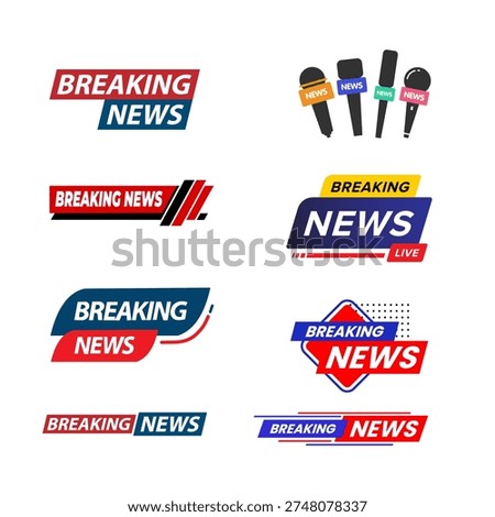 Collection of breaking news banners live broadcast labels and media badges for television and digital news graphics.