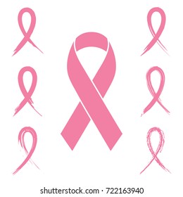 Collection of breast cancer awareness ribbon collection with chalk and ink brush design isolated on white background. Pink ribbon illustration for support, prevention and charity campaigns.