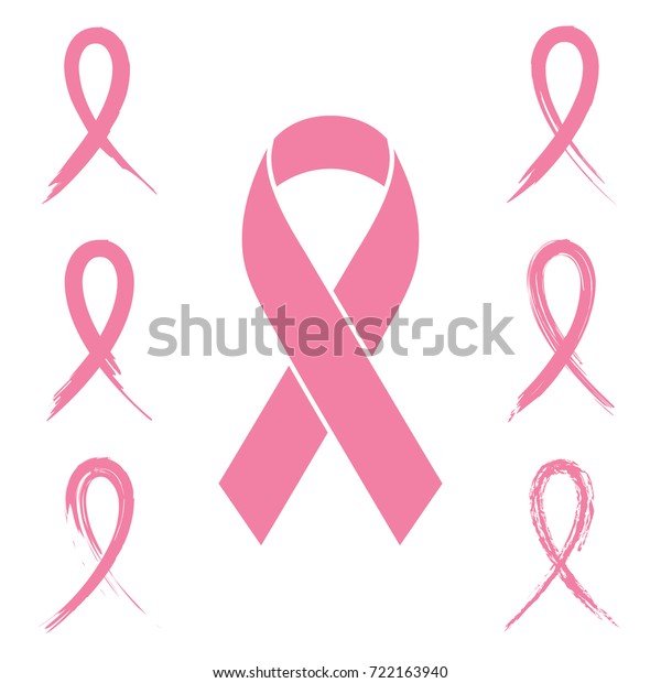 白い背景に乳がんに関するリボンコレクションとチョークとインクブラシデザイン サポート 予防 慈善活動のためのピンクのリボンイラスト のベクター画像素材 ロイヤリティフリー