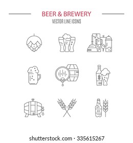 Collection of brewery icons and different beer symbols for pub, bar or other brewing related business. Octoberfest icon series. Clean and modern line style vector art. 