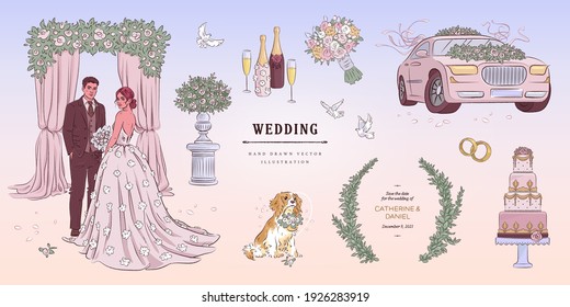 Collection of bride and groom preparing for wedding ceremony. Set of preparations for marriage celebration day isolated on background. Colorful vector illustration