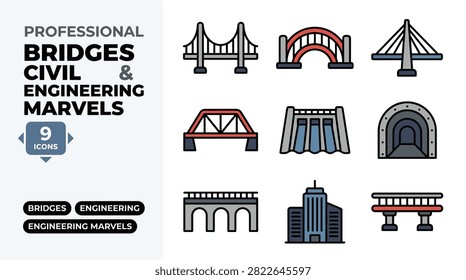 Collection Of Bridges And Civil Engineering Marvels Icons Set