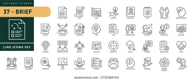 Uma coleção de ícones Brief definidos com traçado editável, incluindo estratégia, plano, criativo, diretriz, nota, parceria, conceito, reunião, análise, resumo, instrução. Ilustração vetorial linear fina.