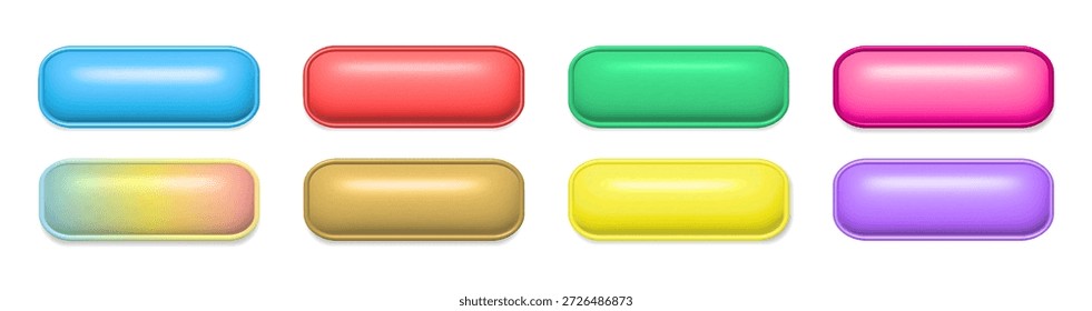 Colección de Botones 3D brillantes con acabado mate. Coloridos Elementos de interfaz de usuario para Sitios web, App móviles e interfaces digitales. Diseño de Vector.