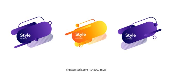 Collection of bright abstract graphic elements with hatching. Dynamical colored forms. Gradient banners with liquid shapes. Template for design of logo, flyer or presentation. Vector illustration