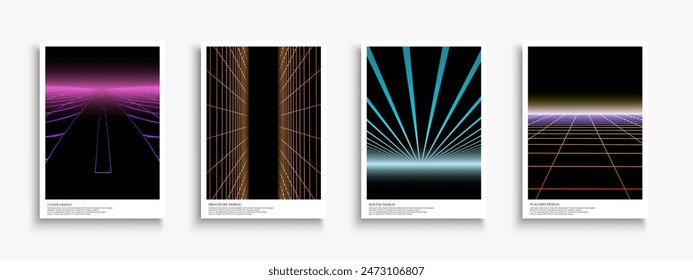 Collection of bright abstract retro posters, templates, placards, brochures, banners, backgrounds, flyers - fashion design 80 - 90s. Futuristic neon grid covers with perspective - retro digital cards