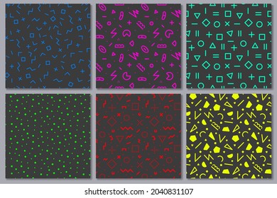 Colección de patrones brillantes abstractos sin fisuras. Coloridos fondos de moda. Estilo de moda retro 80 - 90
