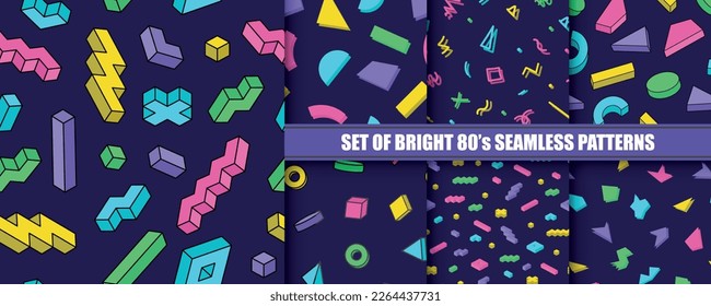 Collection of bright abstract seamless patterns. Colorful trendy creative backgrounds - funky endless prints with 3d shapes. Retro fashion style 80 - 90s