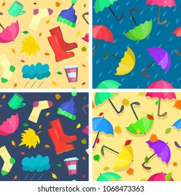 Collection of bright autumn seamless patterns. Indispensable attributes of any autumn: rain, leaf fall, umbrellas, rubber boots and other cozy things for bad weather