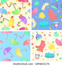 Collection of bright autumn seamless patterns. Indispensable attributes of any autumn: rain, leaf fall, umbrellas, rubber boots and other cozy things for bad weather