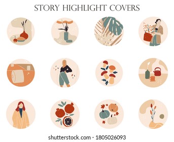 Collection of bright autumn story highlight covers. Round vector backgrounds for social media. Abstract shapes, elements, pictures, lines, floral details, textures, dots for a blog or website. 