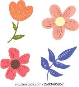 Collection of bright beautiful flower hand drawn doodle in children style vector illustration for graphic element, clipart, sticker, print, book, flyer design