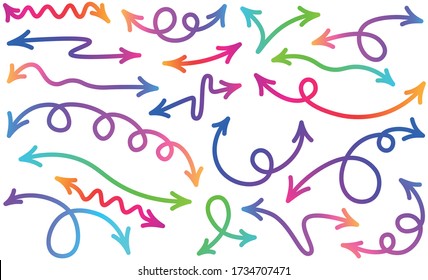 Collection of bright bidirectional arrows. Gradient multicolored arrows on white background. Vector cartoon illustration.