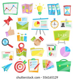 Collection of bright cartoon vector illustrations for presntation, business report and data analisys, startup conference and meeting.