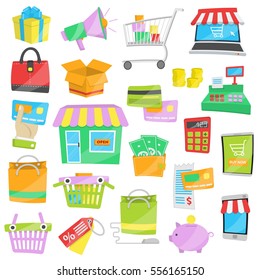 Collection of bright cartoon vector illustrations for sales and shopping, online and real life purchases, package and delivery, payment methods and devices.