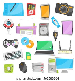 Collection of bright cartoon vector illustrations for various IT and electronic devices and appliances. Networking, data storage and modern personal devices.