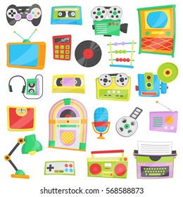 Collection of bright cartoon vector illustrations for various retro, vintage, hipster personal devices and household appliances. Old school entertainment and innovations.