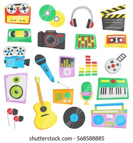 Collection of bright cartoon vector illustrations for various music, audio and video devices and appliances. Camera and studio equipment.