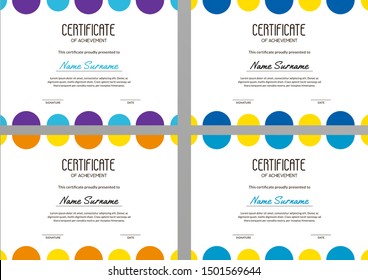 Collection of bright certificate templates with yellow, orange, blue, purple circles on the white background. Vector A4 scaled geometrical certificates of achievement