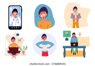 Colección de personajes brillantes en el trabajo, con un regalo de vacaciones, doctores en línea, hombres con periódicos, independientes, romance, ilustración vectorial